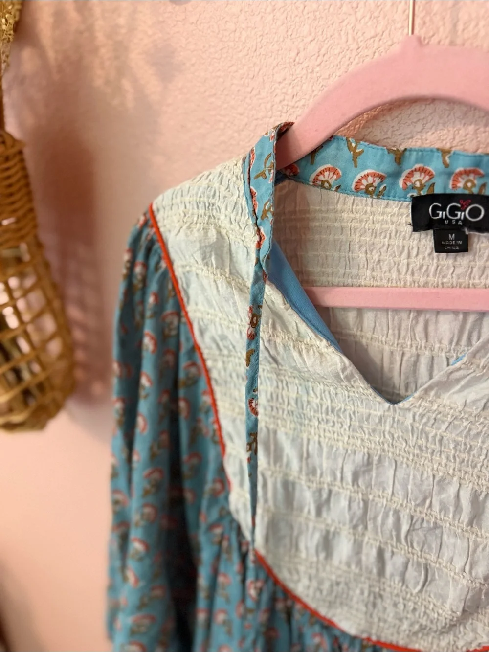 Indian Block Print Blue Printed Peasant Mini Dress with Smocked Bib - Picture 5 of 8
